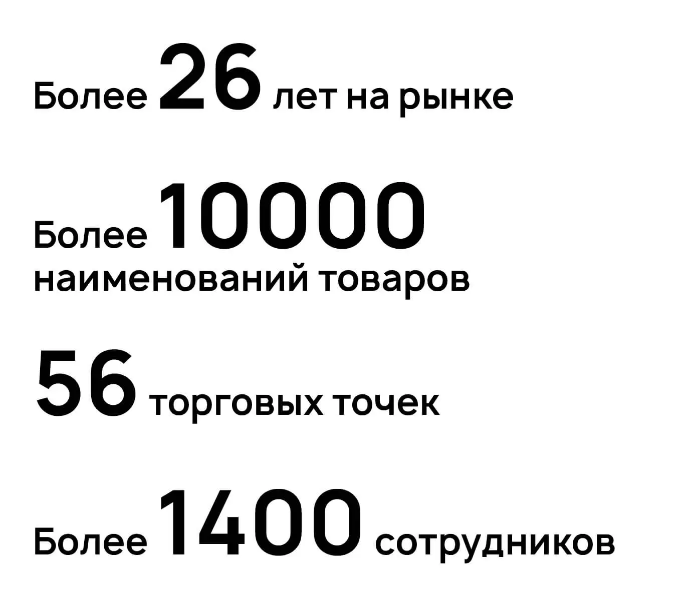 Более 26 лет на рынке, более 10 000 наименований товаров, 56 торговых точек, более 1400 сотрудников